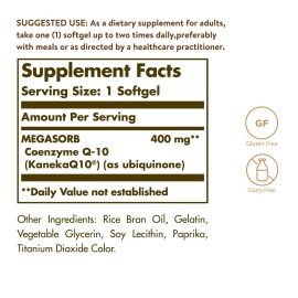 Solgar Megasorb CoQ-10 400 mg, 60 Softgels - Supports Brain Function - Coenzyme Q10 Supplement - Enhanced Absorption - Gluten Free, Dairy Free - 60 Servings Solgar Megasorb CoQ-10 400 mg, 60 Softgels - Supports Brain Function - Coenzyme Q10 Supplement - Enhanced Absorption - Gluten Free, Dairy Free - 60 Servings