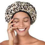 Reusable Nylon Shower Cap & Bath Cap, Reversible Oversized Waterproof Shower Caps Large Designed for all Hair Lengths w Terry Lining & Elastic Band Stretch Hem Hair Hat - Socialite Safari Spots