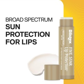 Blistex Five Star Lip Protection Balm, 0.15 Ounce ? Wind & Water-Resistant Lip Care, Broad Spectrum SPF 30 Sun Protection, Soothes Cold Chapped Lips, Hydrating Lip Treatment, Holds in Moisture Blistex Five Star Lip Protection Balm, 0.15 Ounce ? Wind & Water-Resistant Lip Care, Broad Spectrum SPF 30 Sun Protection, Soothes Cold Chapped Lips, Hydrating Lip Treatment, Holds in Moisture