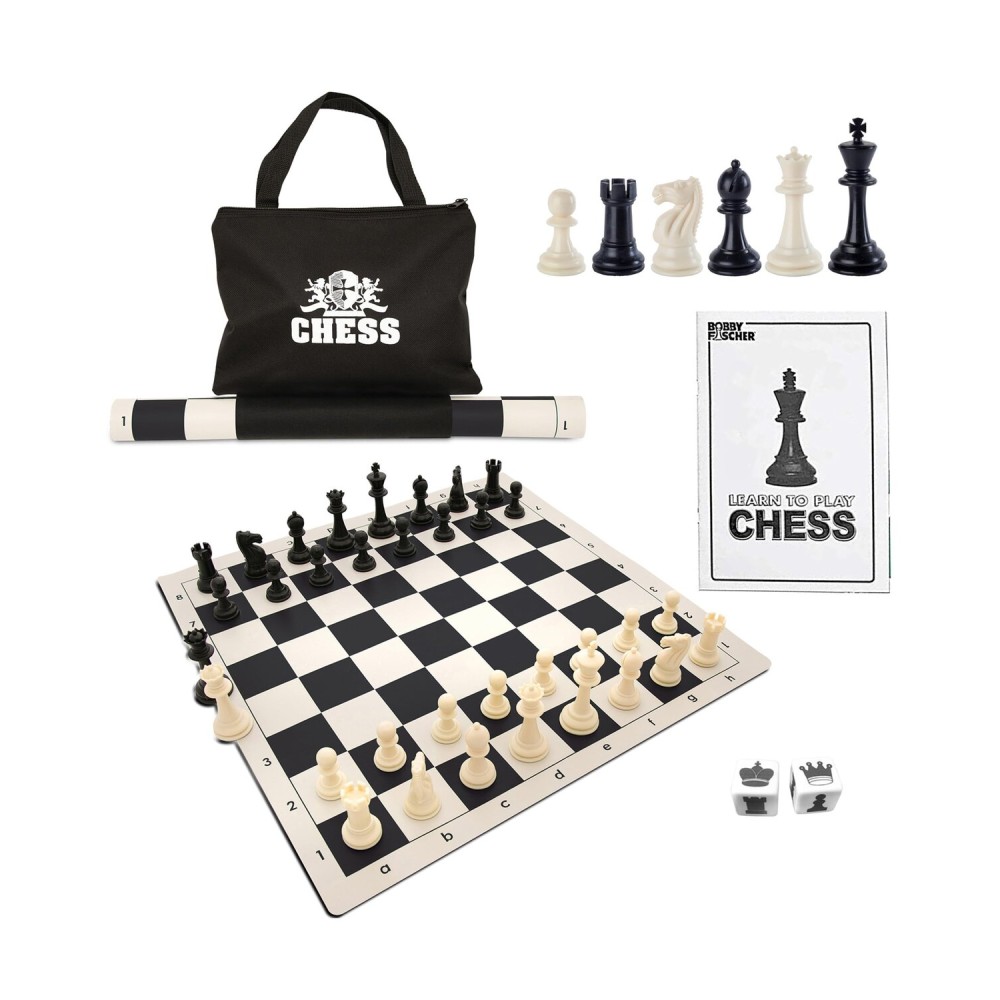 WE Games Best Value Tournament Chess Set - Includes 34 Chessmen, Roll Up Black Vinyl Chess Board, Storage Bag for Pieces, Instructions and Equalizer Dice, Travel Board Games for Adults WE Games Best Value Tournament Chess Set - Includes 34 Chessmen, Roll Up Black Vinyl Chess Board, Storage Bag for Pieces, Instructions and Equalizer Dice, Travel Board Games for Adults