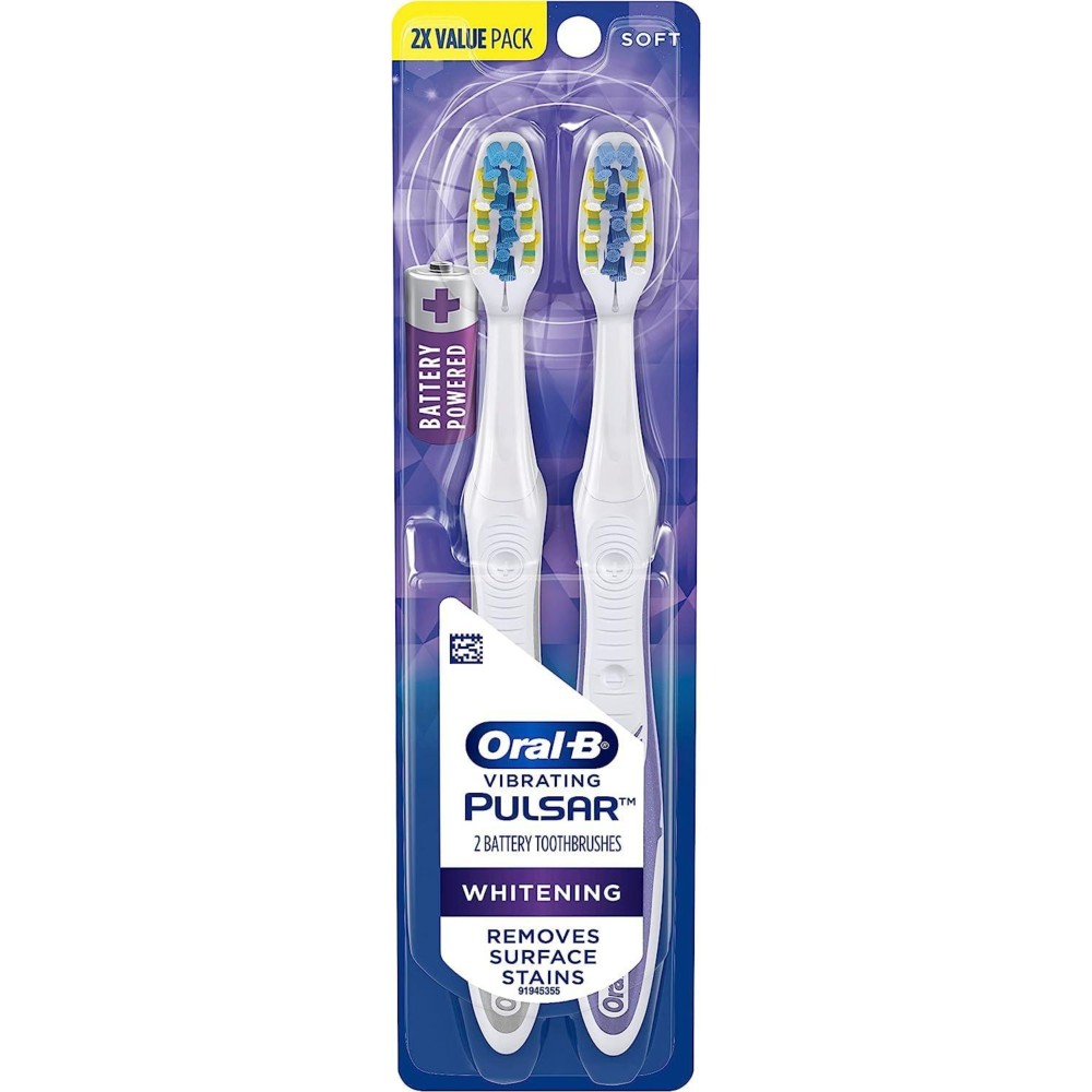 Oral-B Pulsar, Battery Powered 3D White Advanced Vivid Soft Toothbrush Twin Pack, Tooth Brush Pack, Travel Essentials (Colors May Vary) Oral-B Pulsar, Battery Powered 3D White Advanced Vivid Soft Toothbrush Twin Pack, Tooth Brush Pack, Travel Essentials (Colors May Vary)