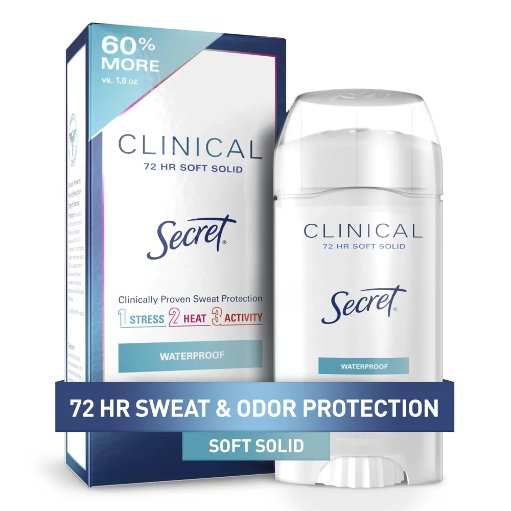 Secret Clinical Strength Antiperspirant Deodorant for Women, Waterproof, 3X Stress Protection, 72hr Sweat & Odor Protection, PH Balancing Minerals, Soft Solid, 2.6 oz Secret Clinical Strength Antiperspirant Deodorant for Women, Waterproof, 3X Stress Protection, 72hr Sweat & Odor Protection, PH Balancing Minerals, Soft Solid, 2.6 oz