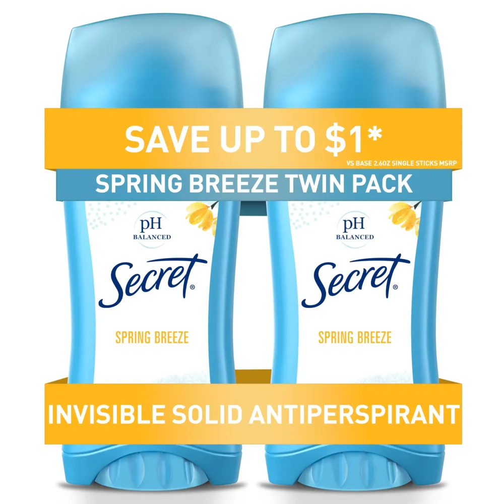Secret Antiperspirant and Deodorant for Women, 24hr Sweat & Odor Protection, PH Balanced Protection, Gentle on Skin, Invisible Solid, Spring Breeze Scent, 2.6 oz (Pack of 2) Secret Antiperspirant and Deodorant for Women, 24hr Sweat & Odor Protection, PH Balanced Protection, Gentle on Skin, Invisible Solid, Spring Breeze Scent, 2.6 oz (Pack of 2)