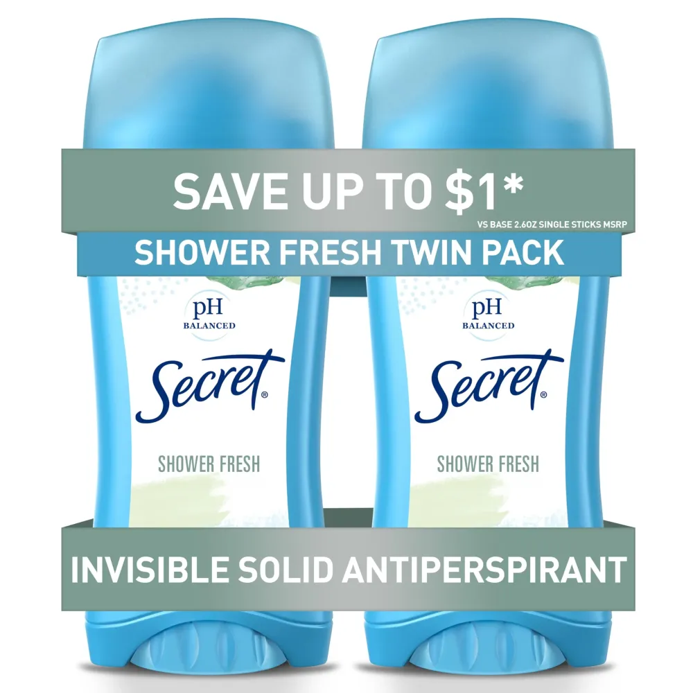 Secret Antiperspirant and Deodorant for Women, 24hr Sweat & Odor Protection, PH Balanced Protection, Gentle on Skin, Invisible Solid, Shower Fresh Scent, 2.6 oz (Pack of 2) Secret Antiperspirant and Deodorant for Women, 24hr Sweat & Odor Protection, PH Balanced Protection, Gentle on Skin, Invisible Solid, Shower Fresh Scent, 2.6 oz (Pack of 2)