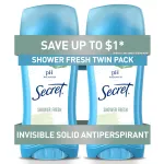 Secret Antiperspirant and Deodorant for Women, 24hr Sweat & Odor Protection, PH Balanced Protection, Gentle on Skin, Invisible Solid, Shower Fresh Scent, 2.6 oz (Pack of 2)