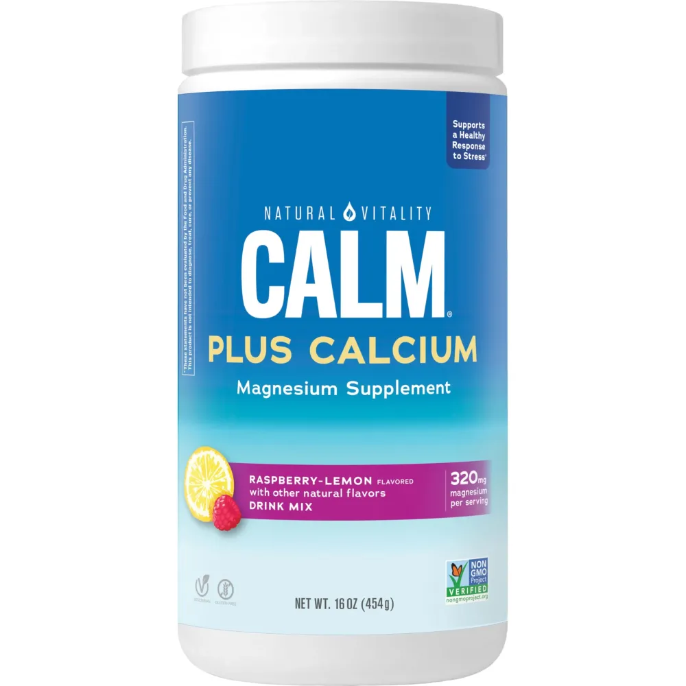 Natural Vitality Calm, Magnesium & Calcium Supplement, Drink Mix Powder Supports a Healthy Response to Stress, Gluten Free, Vegan, & Non-GMO, Raspberry Lemon, 16 oz Natural Vitality Calm, Magnesium & Calcium Supplement, Drink Mix Powder Supports a Healthy Response to Stress, Gluten Free, Vegan, & Non-GMO, Raspberry Lemon, 16 oz