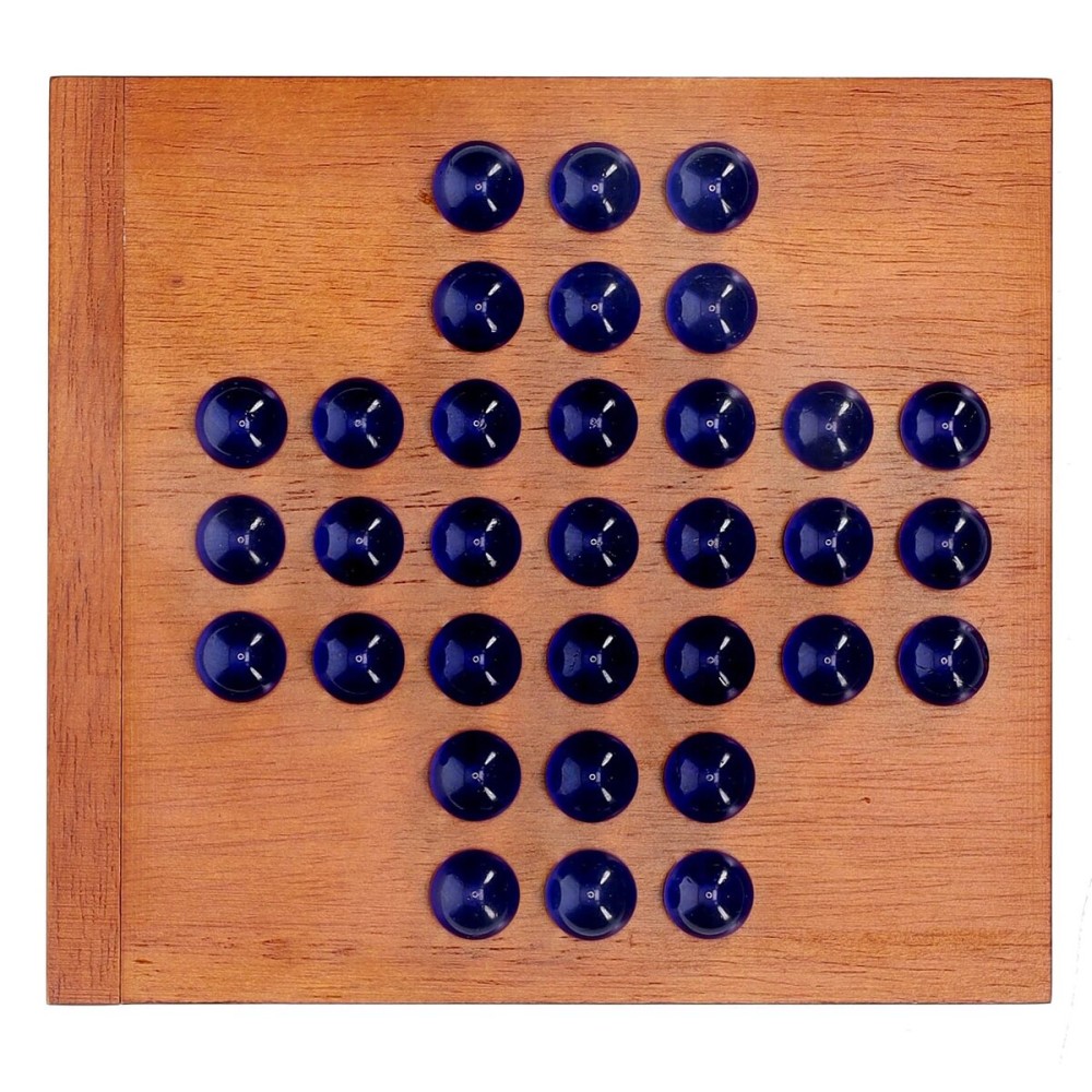 WE Games Marble Solitaire Game Travel Size - 5 inch Square Wooden Board Game with 33 Blue Glass Marbles, Magnetic Closure for Storage, Classic Solitaire Game, Travel Game for Adults