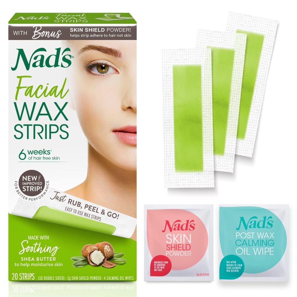 Nad\'s Facial Wax Strips - Hypoallergenic All Skin Types - Facial Hair Removal For Women - At Home Waxing Kit with 20 Face Wax Strips + 4 Calming Oil Wipes + Skin Protection Powder Nad\'s Facial Wax Strips - Hypoallergenic All Skin Types - Facial Hair Removal For Women - At Home Waxing Kit with 20 Face Wax Strips + 4 Calming Oil Wipes + Skin Protection Powder