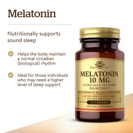 Solgar Melatonin 10mg Tablets HighDosage Helps Promote Relaxation Sleep ClinicallyStudied Melatonin Supports Natural Sleep Cycle Vegan Gluten Free Dairy Free Kosher Servings, 60 Count Solgar Melatonin 10mg Tablets HighDosage Helps Promote Relaxation Sleep ClinicallyStudied Melatonin Supports Natural Sleep Cycle Vegan Gluten Free Dairy Free Kosher Servings, 60 Count