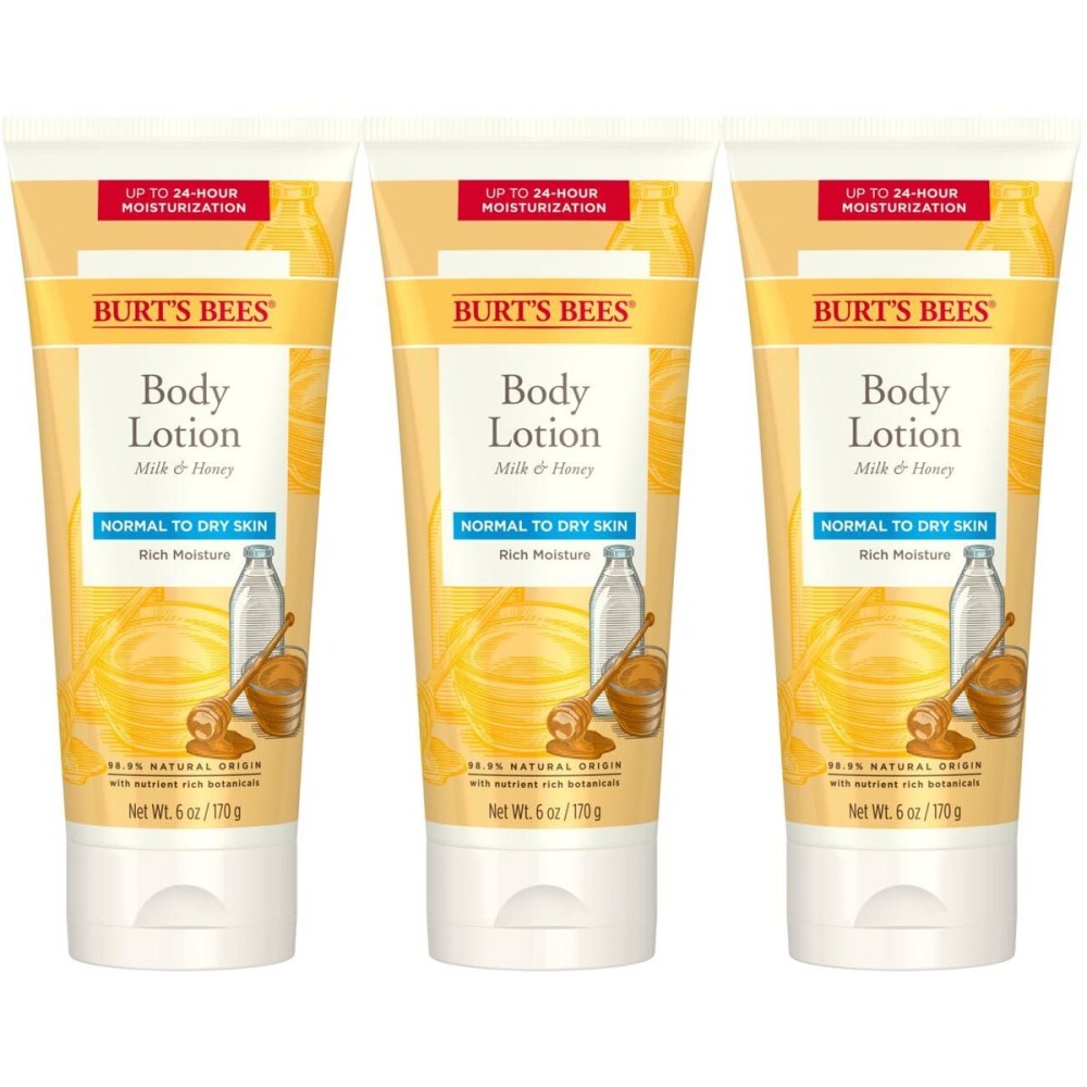 Burt\'s Bees, Body Lotion with Milk and Honey, Moisturizing Lotion for Normal to Dry Skin, 98.6% Natural Origin Skin Care, 6 oz Bottle (3-Pack) Burt\'s Bees, Body Lotion with Milk and Honey, Moisturizing Lotion for Normal to Dry Skin, 98.6% Natural Origin Skin Care, 6 oz Bottle (3-Pack)