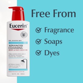Eucerin Advanced Cleansing Body and Face Cleanser, PH-Balanced, Gentle Face and Body Wash for Normal to Dry, Sensitive Skin, Free of Soap, Fragrances, Dyes and Parabens, 16.9 Fl Oz Bottle