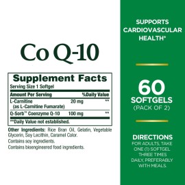CoQ10 by Nature\'s Bounty, Dietary Supplement, Supports Heart Health, 100mg Plus L-Carnitine, Twin Pack, 120 Softgels CoQ10 by Nature\'s Bounty, Dietary Supplement, Supports Heart Health, 100mg Plus L-Carnitine, Twin Pack, 120 Softgels