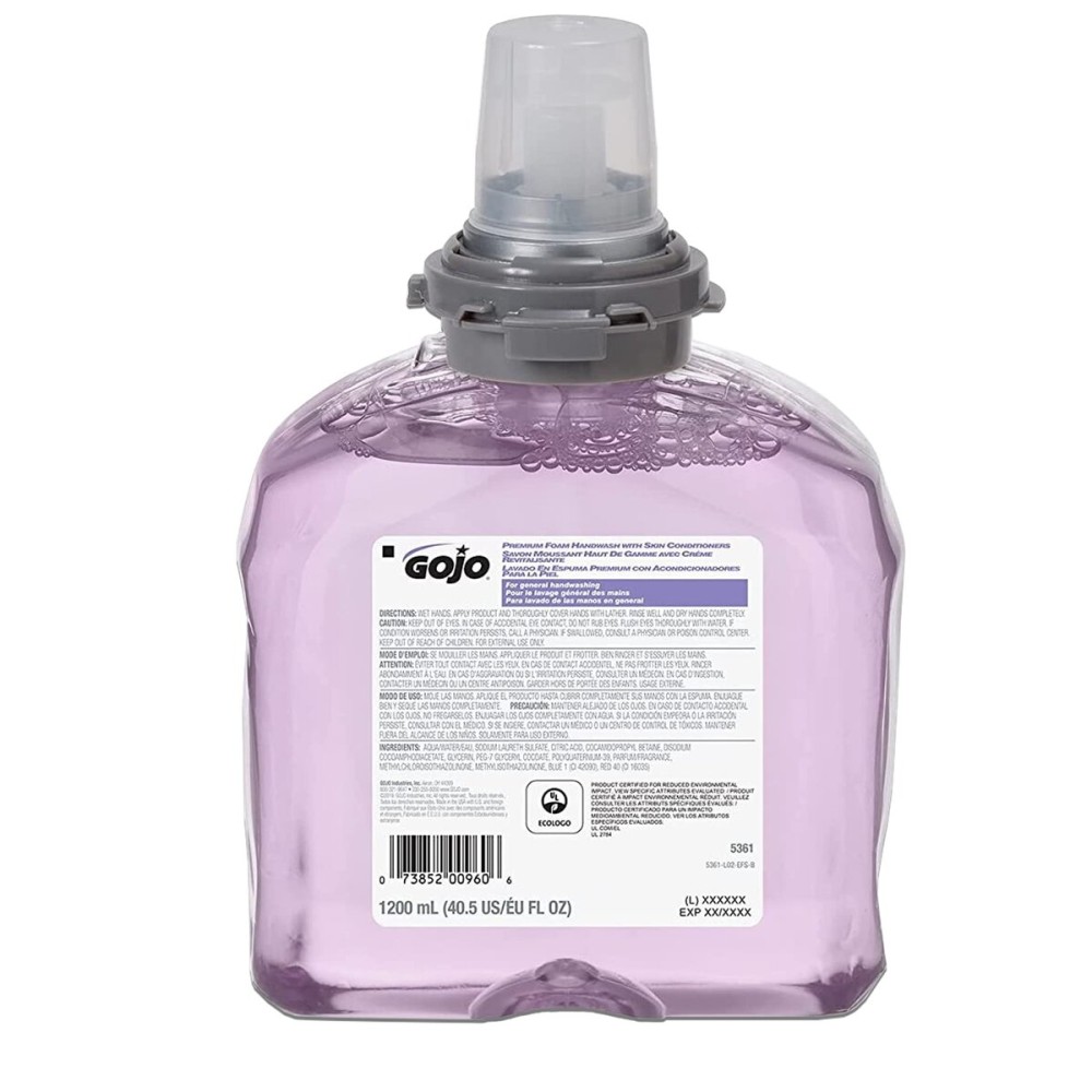 GOJO Premium Foam Handwash with Skin Conditioners, Cranberry Scent, EcoLogo Certified, 1200 mL Foam Hand Soap Refill TFX Touch-Free Dispenser (Pack of 2) - 5361-02 GOJO Premium Foam Handwash with Skin Conditioners, Cranberry Scent, EcoLogo Certified, 1200 mL Foam Hand Soap Refill TFX Touch-Free Dispenser (Pack of 2) - 5361-02
