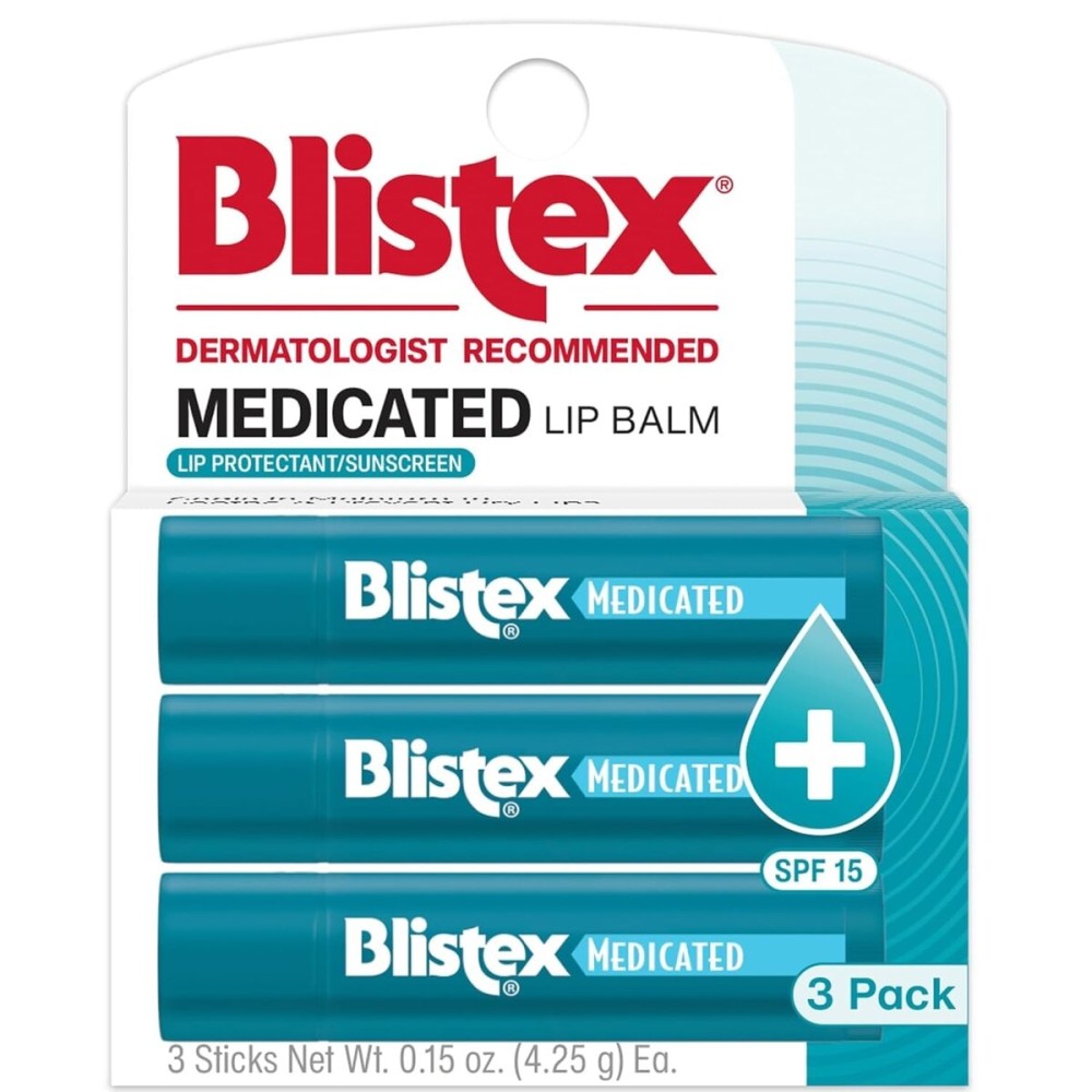 Blistex Medicated Lip Balm, 0.15 Ounce, 3 Count (Pack of 1) Prevent Dryness & Chapping, SPF 15 Sun Protection, Seals in Moisture, Hydrating Lip Balm, Easy Glide Formula for Full Coverage Blistex Medicated Lip Balm, 0.15 Ounce, 3 Count (Pack of 1) Prevent Dryness & Chapping, SPF 15 Sun Protection, Seals in Moisture, Hydrating Lip Balm, Easy Glide Formula for Full Coverage