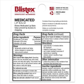 Blistex Medicated Lip Balm, 0.15 Ounce, 3 Count (Pack of 1) Prevent Dryness & Chapping, SPF 15 Sun Protection, Seals in Moisture, Hydrating Lip Balm, Easy Glide Formula for Full Coverage Blistex Medicated Lip Balm, 0.15 Ounce, 3 Count (Pack of 1) Prevent Dryness & Chapping, SPF 15 Sun Protection, Seals in Moisture, Hydrating Lip Balm, Easy Glide Formula for Full Coverage