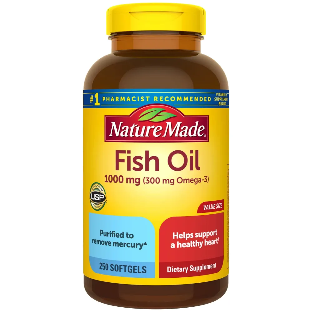 Nature Made Fish Oil Omega 3 Supplements, 1000mg Softgels, Omega 3 Fish Oil for Healthy Heart Support, 250 Softgels, 125 Day Supply Nature Made Fish Oil Omega 3 Supplements, 1000mg Softgels, Omega 3 Fish Oil for Healthy Heart Support, 250 Softgels, 125 Day Supply
