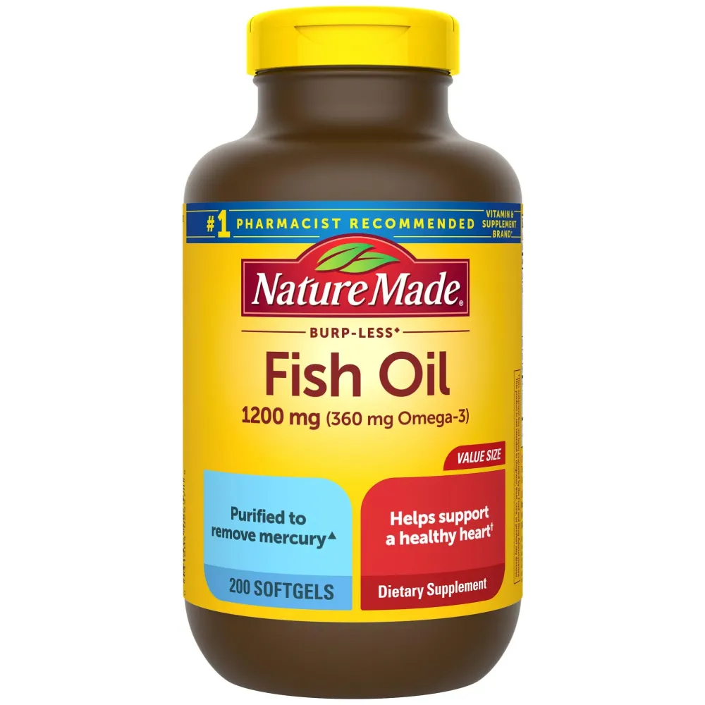Nature Made Burp Less Fish Oil Omega 3 Supplements, 1200 mg Softgels, Omega 3 Fish Oil for Healthy Heart Support, 200 Softgels, 100 Day Supply Nature Made Burp Less Fish Oil Omega 3 Supplements, 1200 mg Softgels, Omega 3 Fish Oil for Healthy Heart Support, 200 Softgels, 100 Day Supply