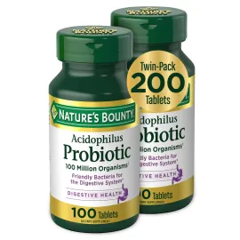 Nature\'s Bounty Acidophilus Probiotic, Daily Probiotic Supplement, Digestive Health, 200 Tablets, Twin Pack