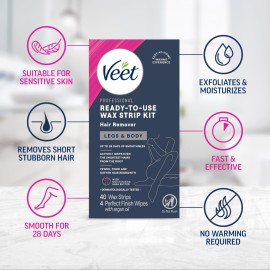 VEET Ready-To-Use Waxing Kit For Women | Wax Strips For Body Hair Removal, Wax Kit For Ingrown Hair Treatment, Personal Care Product, Hair Remover | 40ct Waxing Strips, 4ct Body Wipes VEET Ready-To-Use Waxing Kit For Women | Wax Strips For Body Hair Removal, Wax Kit For Ingrown Hair Treatment, Personal Care Product, Hair Remover | 40ct Waxing Strips, 4ct Body Wipes