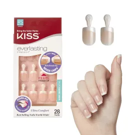 Kiss Everlasting French Nail Manicure, Chip-Free, Flexi-Fit Technology, Real Short, String of Pearls, Nail Kit with Pink Nail Glue (Net Wt. 2g / 0.07oz), Mini File, Manicure Stick, and 28 Fake Nails