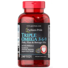 Puritan\'s Pride Premium Triple Active Omega 3-6-9 Fish, Flax, and Borage Oils, Dietary Supplement for Heart, Joint, and Cellular Health Support, 240 Rapid Release Softgels