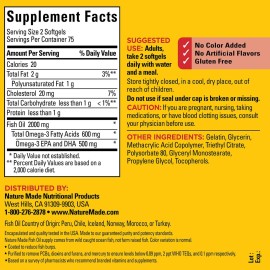 Nature Made Burp Less Fish Oil Omega 3 Supplements, 1000mg Softgels, Omega 3 Fish Oil Supplements for Healthy Heart Support, 150 Softgels, 75 Day Supply
