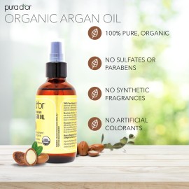 PURA D\'OR 4 Oz ORGANIC Moroccan Argan Oil - USDA Certified 100% Pure & Cold Pressed Virgin Premium Grade Natural Moisturizer Treatment For Dry, Damaged Skin, Hair, Face, Body & Scalp - Men & Women