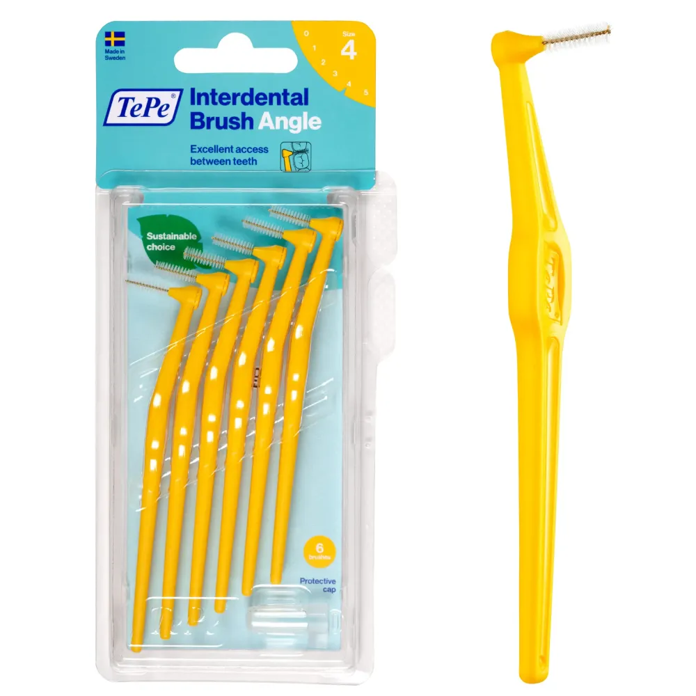 TePe Interdental Brush Angle, Angled Dental Brush for Teeth Cleaning, Pack of 6, 0.7 mm, Medium Gaps, Yellow, Size 4 TePe Interdental Brush Angle, Angled Dental Brush for Teeth Cleaning, Pack of 6, 0.7 mm, Medium Gaps, Yellow, Size 4