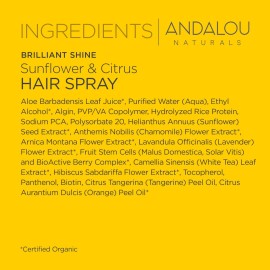 Andalou Naturals Brilliant Shine Hair Spray, Sunflower & Citrus, Styling and Hair Shine Spray with Medium hold, Tames Frizzy Hair & Flyaways, Quick Drying & Non-Sticky, Cruelty Free, 8.2 Fl Oz Andalou Naturals Brilliant Shine Hair Spray, Sunflower & Citrus, Styling and Hair Shine Spray with Medium hold, Tames Frizzy Hair & Flyaways, Quick Drying & Non-Sticky, Cruelty Free, 8.2 Fl Oz