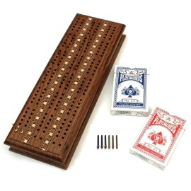 WE Games Cabinet Cribbage Set, Stained Solid Oak Wood with Inlay Sprint 3 Track Board, Includes Metal Pegs & 2 Decks of Cards, Board Games for Adults