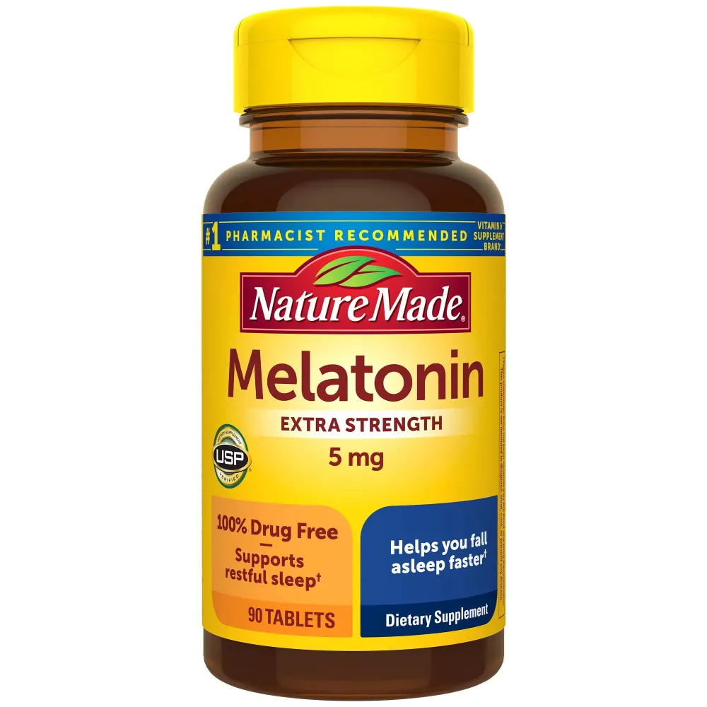 Nature Made Melatonin 5mg Tablets Extra Strength, 100% Drug Free Sleep Aid for Adults, 90 Tablets, 90 Day Supply Nature Made Melatonin 5mg Tablets Extra Strength, 100% Drug Free Sleep Aid for Adults, 90 Tablets, 90 Day Supply