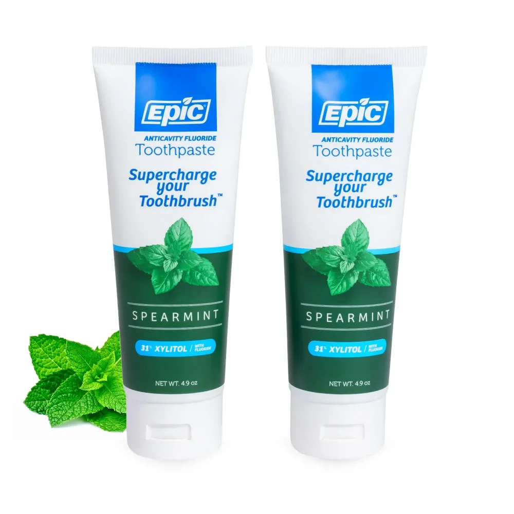 Epic Fluoride & Xylitol Toothpaste for Adults - 31% Xylitol for Clean Teeth - SLS Free Toothpaste with Fluoride for Oral Care - Spearmint Flavored, 4.9oz Tube (Pack of 2) Epic Fluoride & Xylitol Toothpaste for Adults - 31% Xylitol for Clean Teeth - SLS Free Toothpaste with Fluoride for Oral Care - Spearmint Flavored, 4.9oz Tube (Pack of 2)