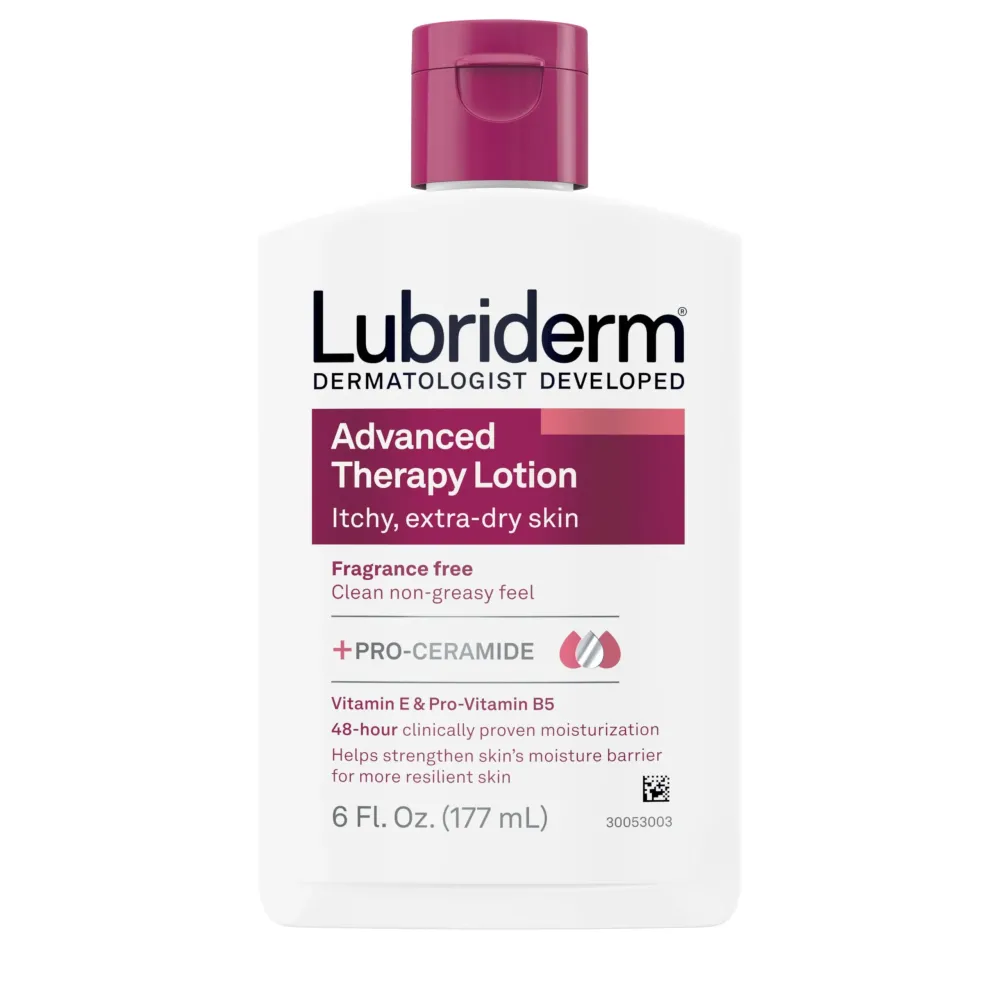 Lubriderm Advanced Therapy Fragrance Free Moisturizing Hand & Body Lotion + Pro-Ceramide with Vitamins E & Pro-Vitamin B5, Intense Hydration for Itchy, Extra Dry Skin, Non-Greasy, 6 fl. oz Lubriderm Advanced Therapy Fragrance Free Moisturizing Hand & Body Lotion + Pro-Ceramide with Vitamins E & Pro-Vitamin B5, Intense Hydration for Itchy, Extra Dry Skin, Non-Greasy, 6 fl. oz
