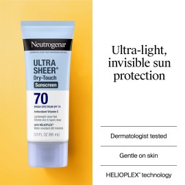 Neutrogena Ultra Sheer Dry-Touch Water Resistant and Non-Greasy Sunscreen Lotion with Broad Spectrum SPF 70, 3 Fl Oz (Pack of 1) Neutrogena Ultra Sheer Dry-Touch Water Resistant and Non-Greasy Sunscreen Lotion with Broad Spectrum SPF 70, 3 Fl Oz (Pack of 1)