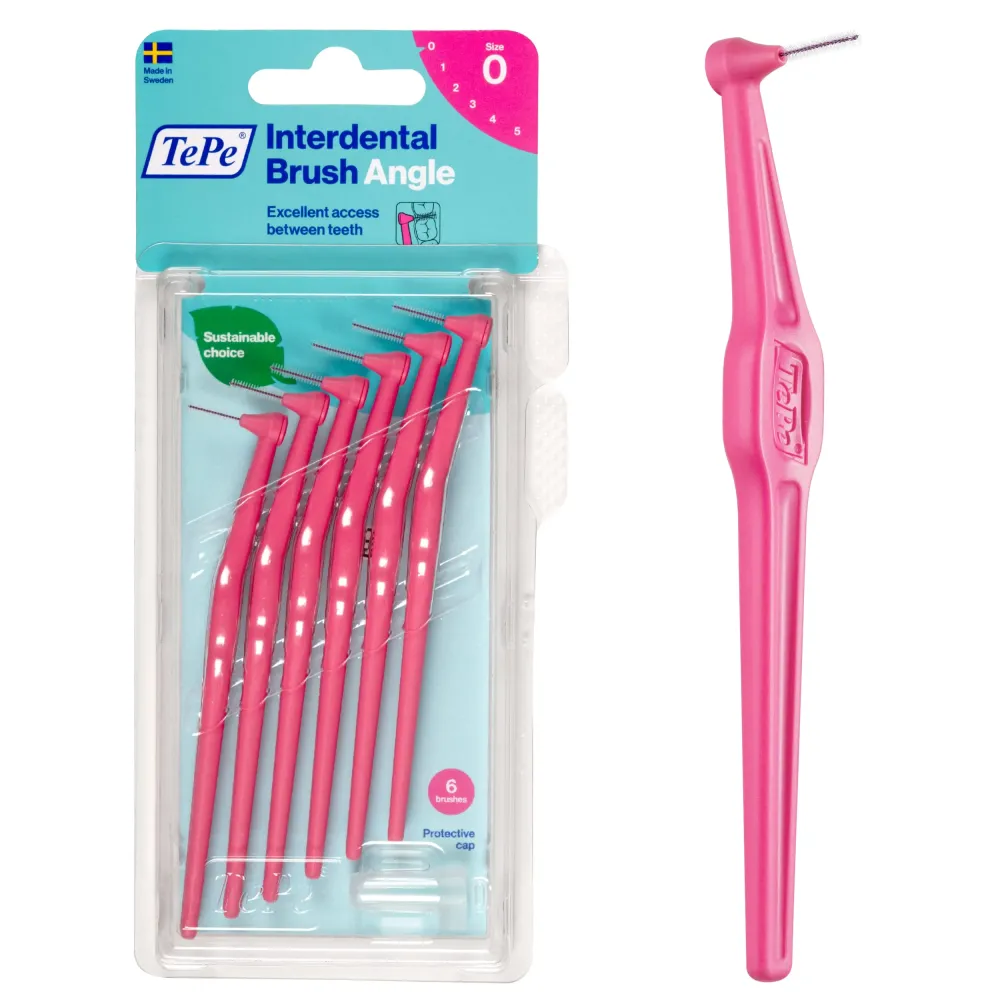 TePe Interdental Brush Angle, Angled Dental Brush for Teeth Cleaning, Pack of 6, 0.44 mm, Extra-Small/Small Gaps, Pink, Size 0 TePe Interdental Brush Angle, Angled Dental Brush for Teeth Cleaning, Pack of 6, 0.44 mm, Extra-Small/Small Gaps, Pink, Size 0
