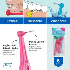 TePe Interdental Brush Angle, Angled Dental Brush for Teeth Cleaning, Pack of 6, 0.44 mm, Extra-Small/Small Gaps, Pink, Size 0 TePe Interdental Brush Angle, Angled Dental Brush for Teeth Cleaning, Pack of 6, 0.44 mm, Extra-Small/Small Gaps, Pink, Size 0