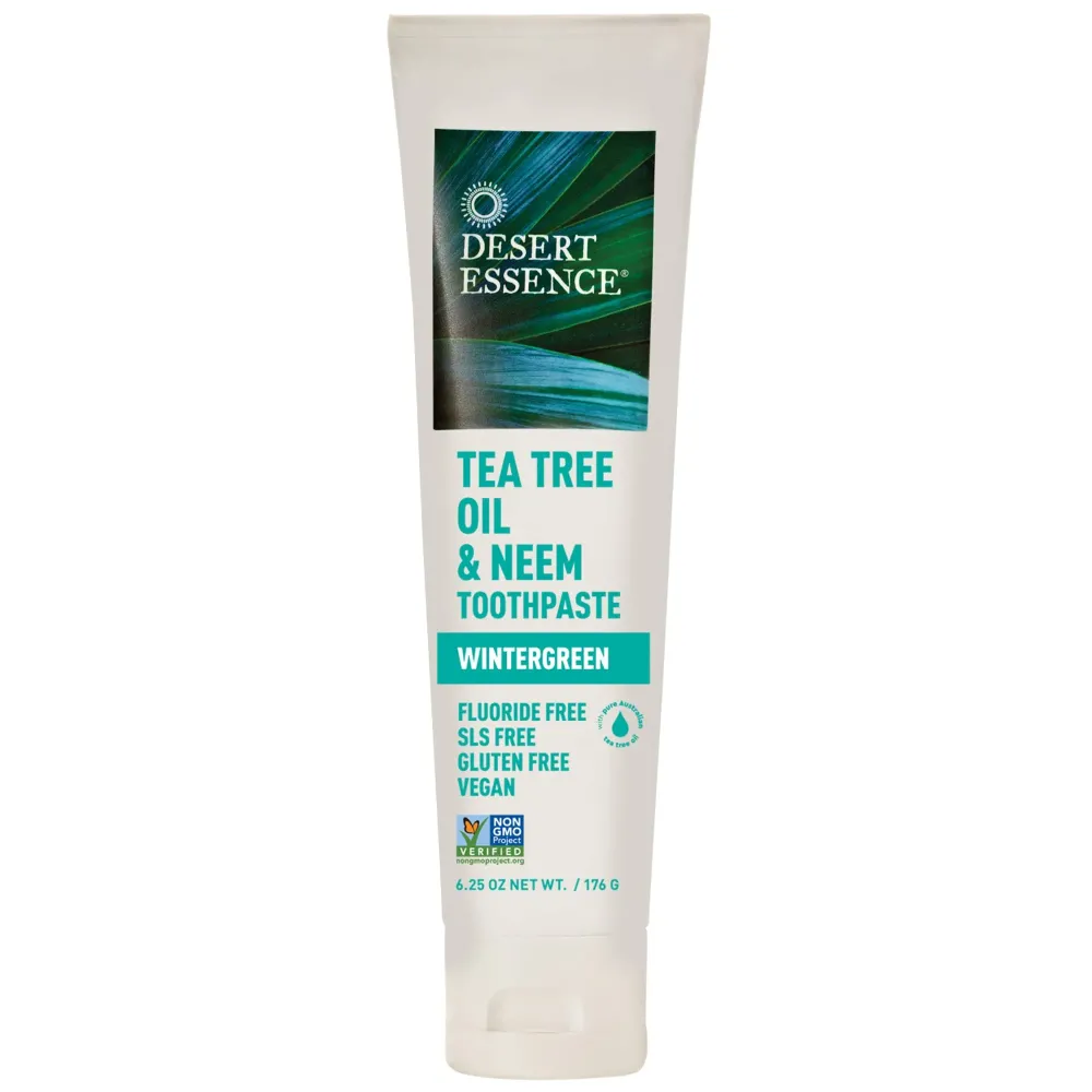 Desert Essence Tea Tree Oil & Neem Toothpaste - Fluoride-Free, Gluten-Free, SLS Free Formula - Vegan, Herbal Toothpaste for Plaque Reduction - Wintergreen Flavor, 6.25 oz Desert Essence Tea Tree Oil & Neem Toothpaste - Fluoride-Free, Gluten-Free, SLS Free Formula - Vegan, Herbal Toothpaste for Plaque Reduction - Wintergreen Flavor, 6.25 oz