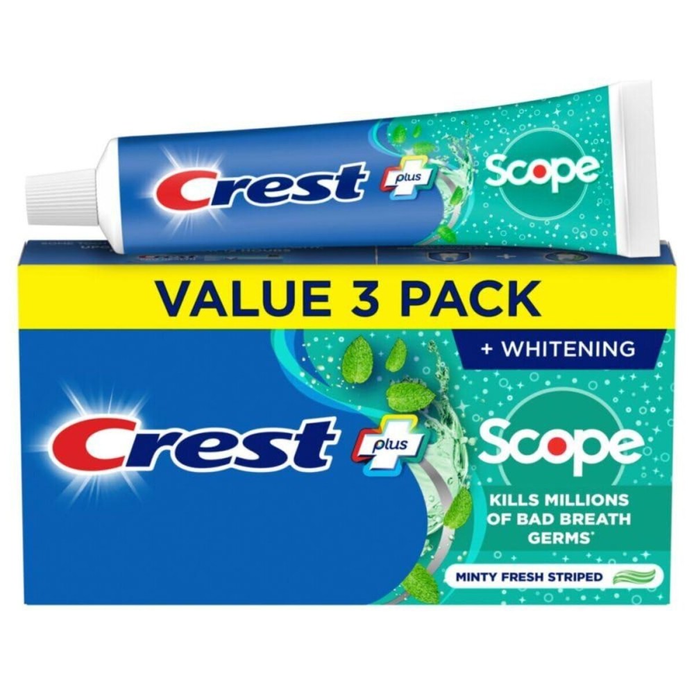 Crest + Scope Whitening Toothpaste - Pack of 3, 5.4 Oz Tubes - Anticavity Fluoride Toothpaste, Fresh Breath, Kills Germs - Tartar Protection, Enamel Protection - Minty Fresh Flavor Crest + Scope Whitening Toothpaste - Pack of 3, 5.4 Oz Tubes - Anticavity Fluoride Toothpaste, Fresh Breath, Kills Germs - Tartar Protection, Enamel Protection - Minty Fresh Flavor