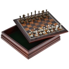 Classic Game Collection Metal Chess Set with Deluxe Wood Board and Storage - 2.5 King, Gold/Silver/Brown (985)