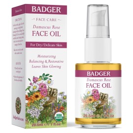 Badger Rose Face Oil, 100% Organic Face Moisturizer, Nourishing & Soothing Organic Jojoba Oil & Rose Oil, Vegan Antioxidant Rich Moisturizing Facial Oil, 1 fl oz Glass Bottle Badger Rose Face Oil, 100% Organic Face Moisturizer, Nourishing & Soothing Organic Jojoba Oil & Rose Oil, Vegan Antioxidant Rich Moisturizing Facial Oil, 1 fl oz Glass Bottle