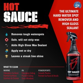 Boat Bling Hot Sauce Premium Hard Water Spot Remover w/High-Gloss Wax Sealants, 32 oz. Boat Bling Hot Sauce Premium Hard Water Spot Remover w/High-Gloss Wax Sealants, 32 oz.