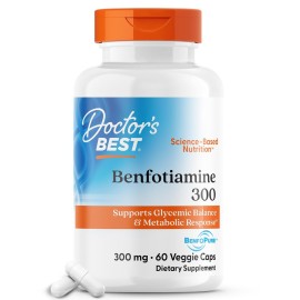 Doctor\'s Best Benfotiamine 300 with BenfoPure, Helps Maintain Healthy Glucose Metabolism, Non-GMO, Vegan, Gluten Free, Soy Free, 300 mg, 60 Veggie Caps