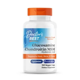 Doctor\'s Best Glucosamine Chondroitin MSM + Hyaluronic Acid with OptiMSM Featuring Biocell Collagen, Joint Support, Non-GMO, Gluten & Soy Free, 150 Caps