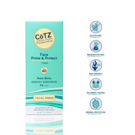 COTZ Face Prime & Protect Tinted Mineral Sunscreen and Facial Primer Broad Spectrum SPF 40; PA+++ 1.5 oz / 42.5 g. COTZ Face Prime & Protect Tinted Mineral Sunscreen and Facial Primer Broad Spectrum SPF 40; PA+++ 1.5 oz / 42.5 g.
