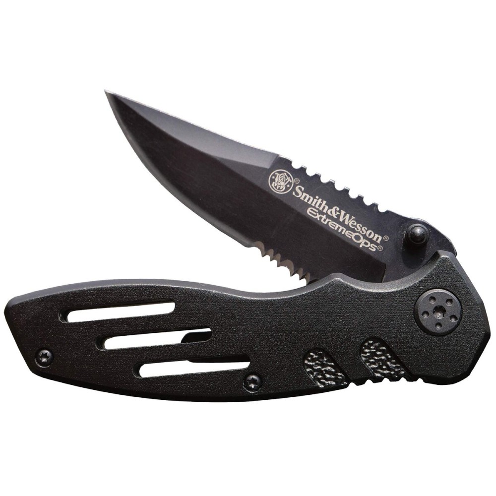 Smith & Wesson Accessories Extreme Ops SWA24S 7.1in S.S. Folding Knife with 3.1in Serrated Clip Point Blade and Aluminum Handle for Outdoor, Tactical, Survival and EDC Smith & Wesson Accessories Extreme Ops SWA24S 7.1in S.S. Folding Knife with 3.1in Serrated Clip Point Blade and Aluminum Handle for Outdoor, Tactical, Survival and EDC