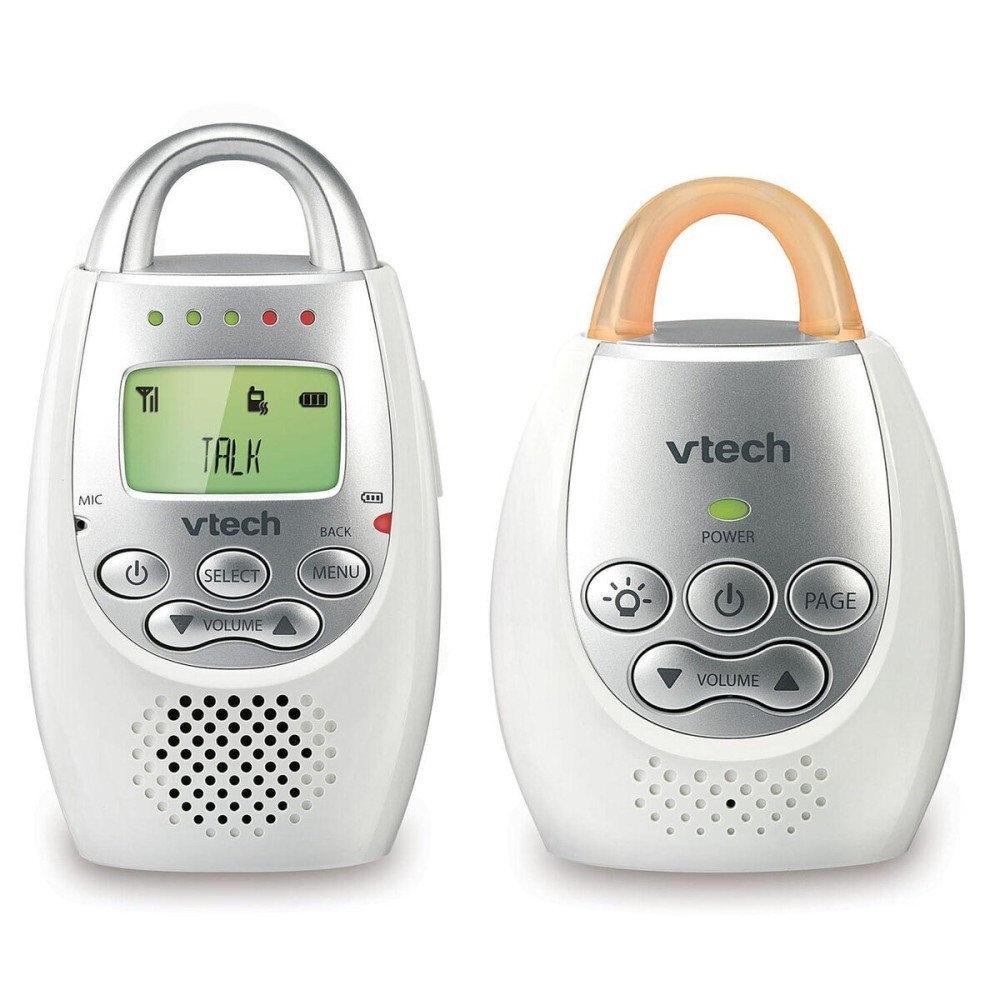 VTech Communications DM221 Audio Baby Monitor with up to 1,000 ft of Range, Vibrating Sound-Alert, Talk Back Intercom & Night Light Loop, White/Silver