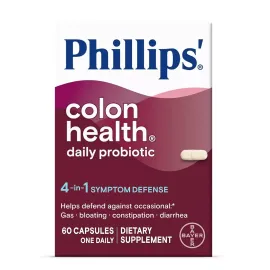 Phillips\' Colon Health Daily Probiotic Capsules, 4-in-1 Symptom Defense to help defend against Occasional Gas, Bloating, Constipation, and Diarrhea, Daily Supplement, 60 Count