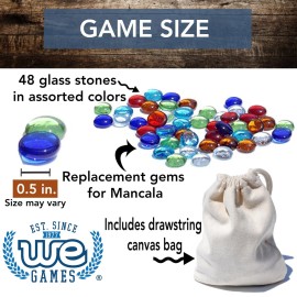 WE Games Replacement Glass Mancala Stones, 48 Pcs - 0.5-Inch Flat Assorted Colors, with Cloth Drawstring Bag - Travel-Friendly Two-Player Board Games