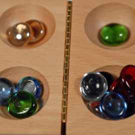 WE Games Replacement Glass Mancala Stones, 48 Pcs - 0.5-Inch Flat Assorted Colors, with Cloth Drawstring Bag - Travel-Friendly Two-Player Board Games