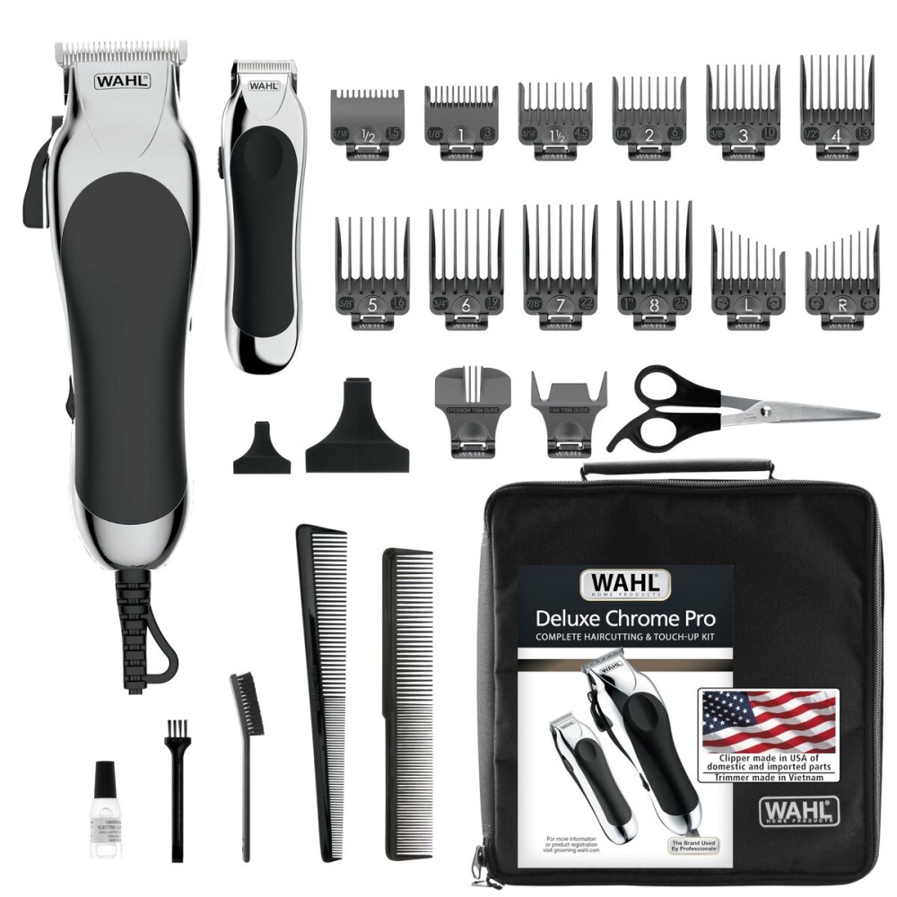 Wahl Clipper USA Deluxe Corded Chrome Pro, Complete Hair and Trimming Kit, Includes Corded Clipper, Cordless Battery Trimmer, and Styling Shears, for a Cut Every Time - Model 79524-5201M Wahl Clipper USA Deluxe Corded Chrome Pro, Complete Hair and Trimming Kit, Includes Corded Clipper, Cordless Battery Trimmer, and Styling Shears, for a Cut Every Time - Model 79524-5201M